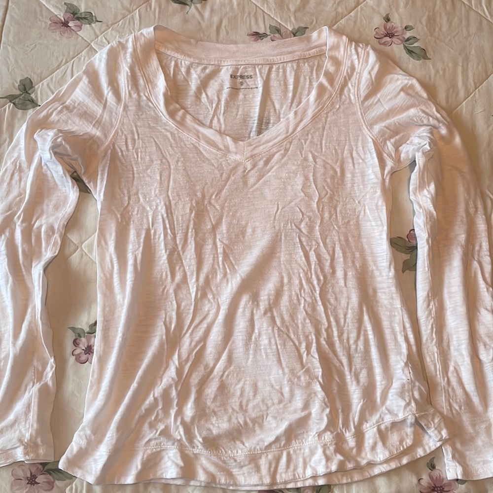 Express Shear White Long Sleeve, Wide V-Neck